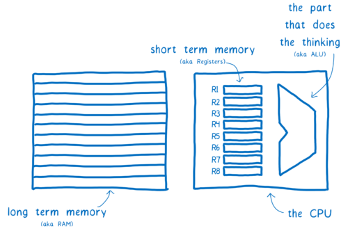 CPU with ALU (the part that does the thinking) and registers (short term memory)